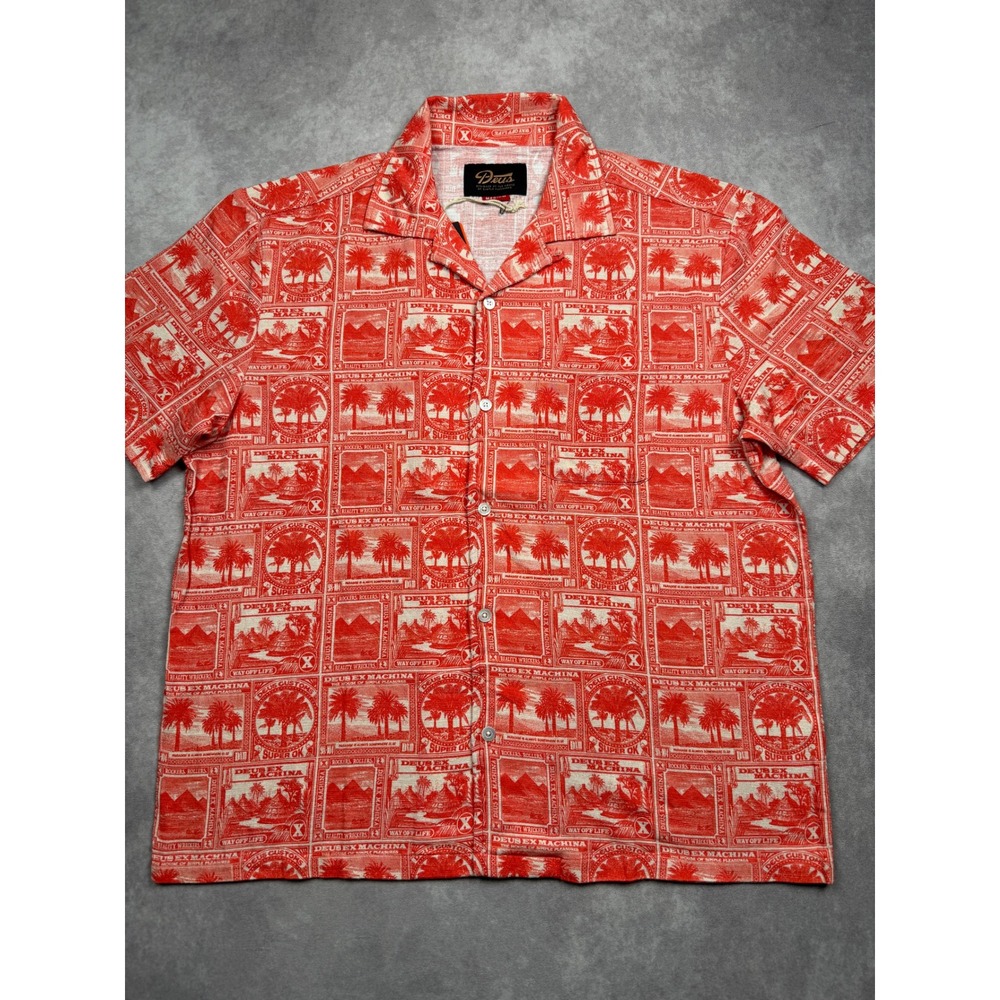 NWT Deus Ex Machina Men M Mail-Man Shirt Red Stamp Palm Print Cotton Button Up